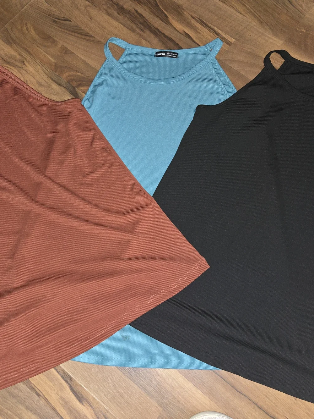 SHEIN Three-Pack Ribbed Tank Tops - Blue, Black & Rust